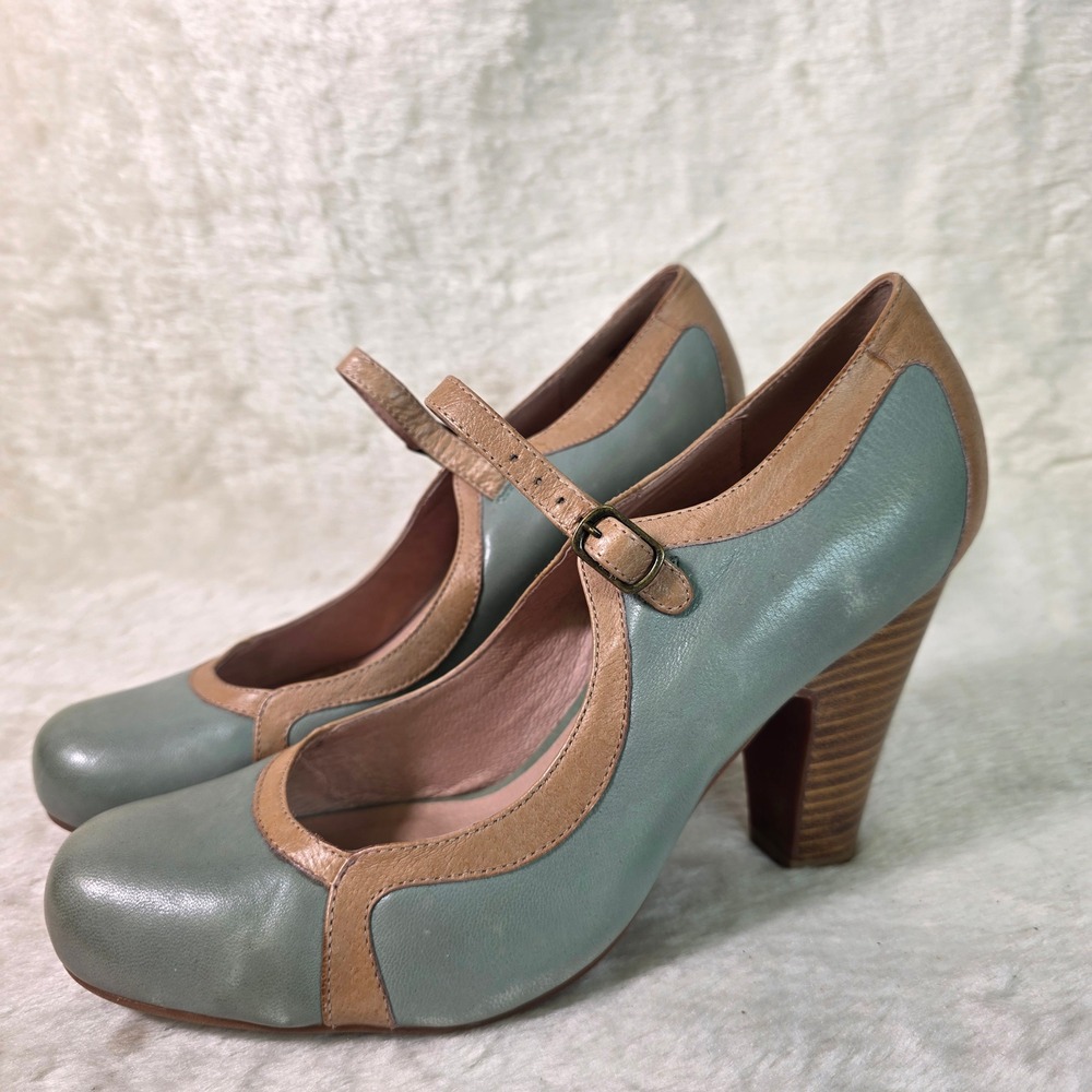 Miz Mooz Nectar Mary Jane Pumps Teal Blue Tan Leather Retro Pin Up Women 41 10